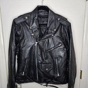 M Collection Black Leather Jacket Asymmetrical Zipper Size Large